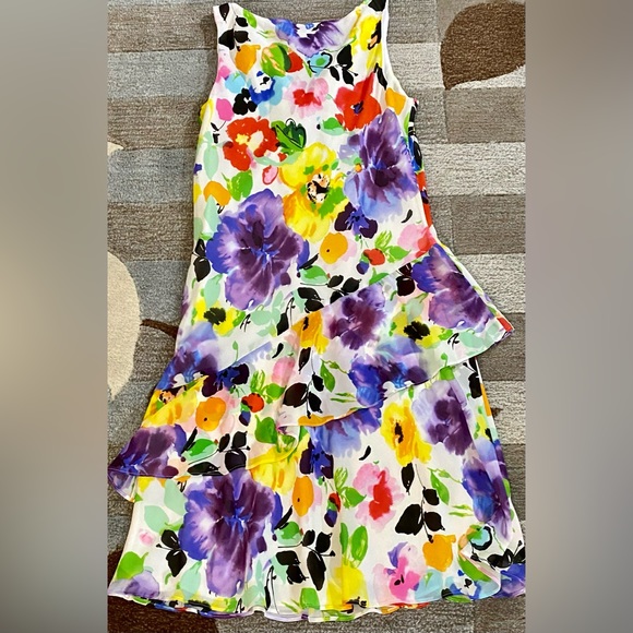 LRL I Brilliant Watercolor Bouquet Georgette Cascading Ruffles Sleeveless Dress - Picture 6 of 6